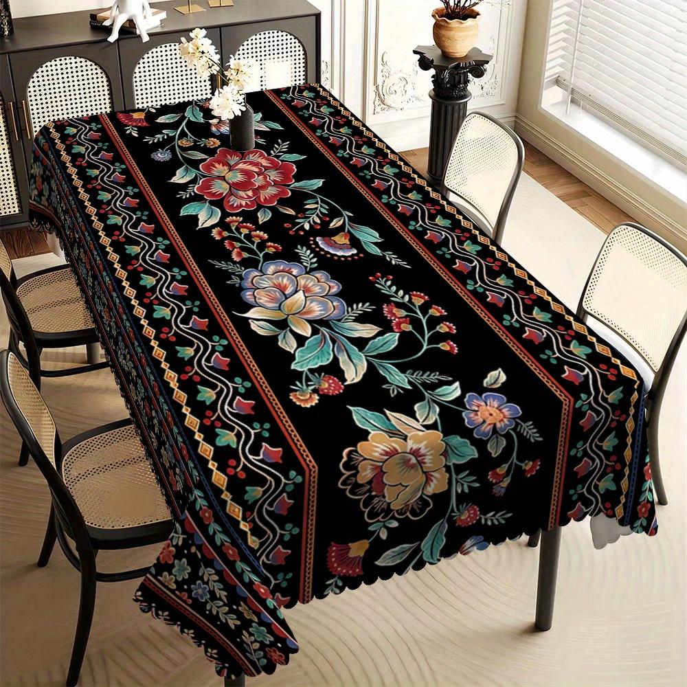 Bohemian Bloementafelkleed, Kleurrijke Etnische Bloemenprint op Zwarte Achtergrond, Golvende Rand, Vlekbestendig, voor Eetkamer 100x140cm