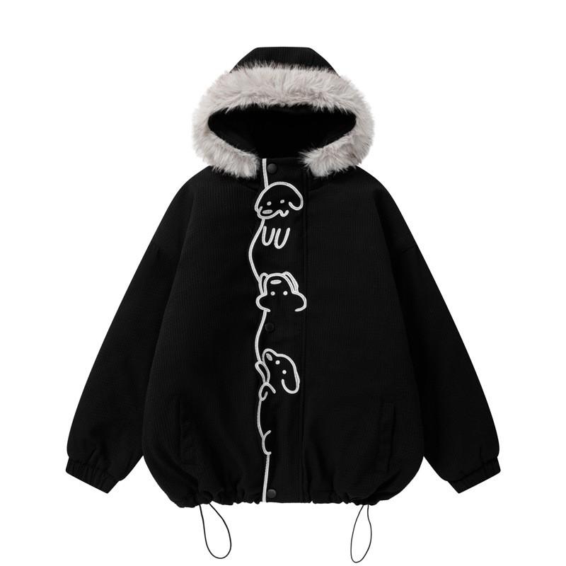 Unisex Oversized Hooded Cotton Puffer Jacket With Embroidered Dog Design Winter Warm Thick Fleece Lined Streetwear Coat