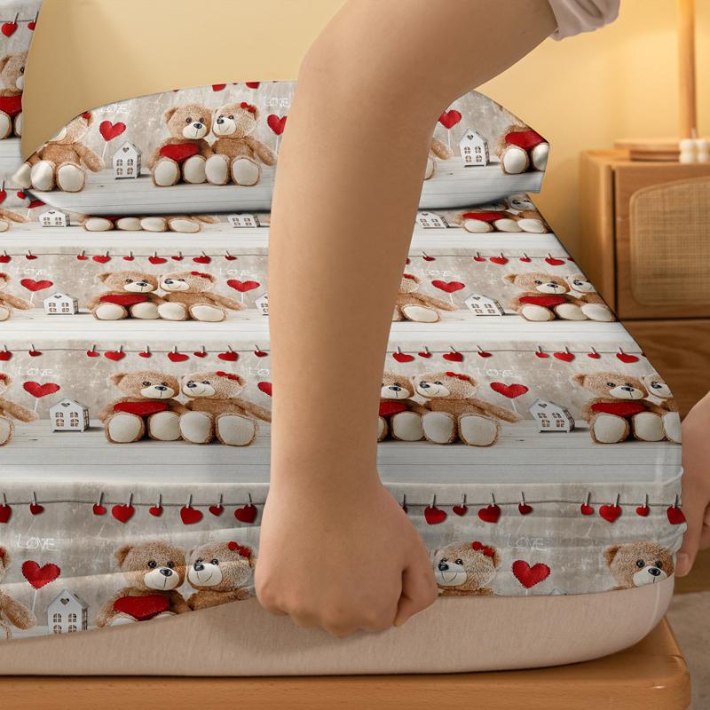 1 Cartoon Fun Heart-Shaped  Printed Matte Fitted Sheet, Bedroom Printed Bed Cover, Bedding (Excluding Pillowcases)