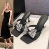 Black square head high heel cool slippers women's 2024 summer new outer wear stiletto high heels rhinestone bow one-word drag