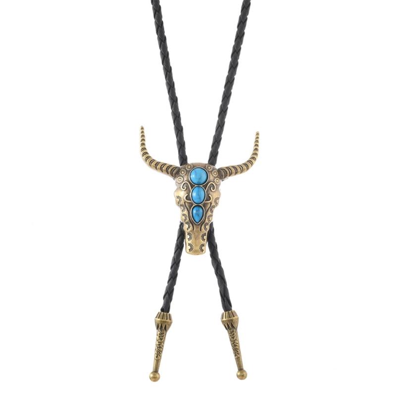 Bullhead Pendant Bolotie Antique Charm Necktie PU Cord Necklace For Men Casual Outfit And Western Styling Neckpiece