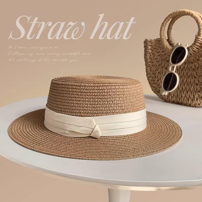 Flat top straw hat women's summer sunshade big head circumference flat brim seaside beach vacation top hat sunscreen sun hat