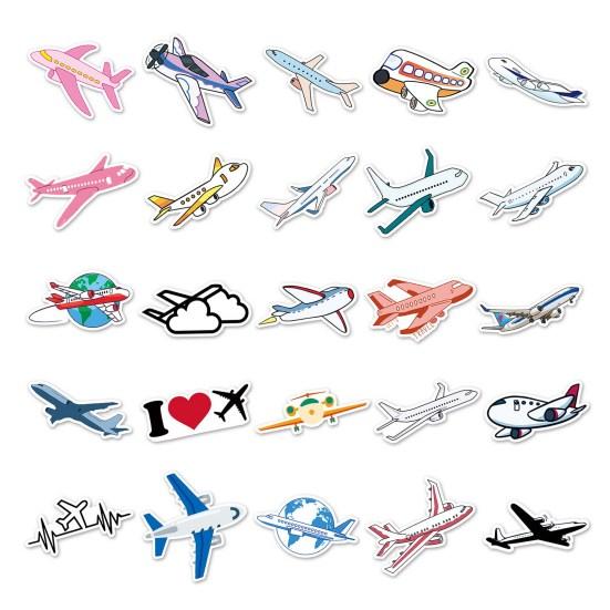 50Pcs Cartoon Sticker Waterproof Reusable DIY Self-Adhesive Aircraft Pattern Phone Case Luggage Sticker Kids Gift