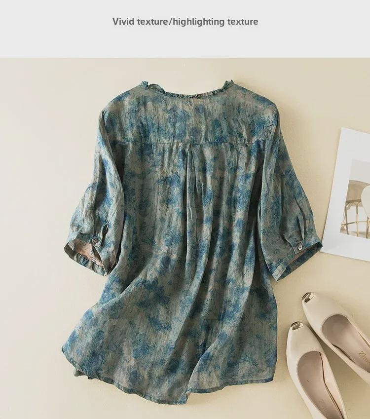 Sommerliches Ramie-Leinenhemd mit Blumenmuster und Ohrkragen