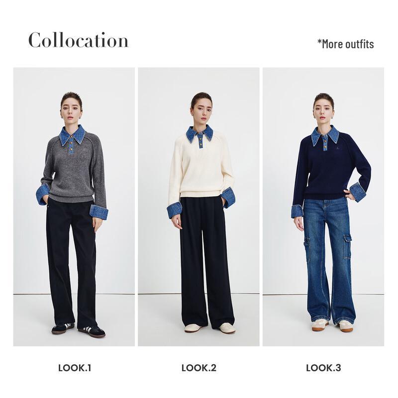 Navigare Women's Loose Wool Knit Sweater with Denim Splice