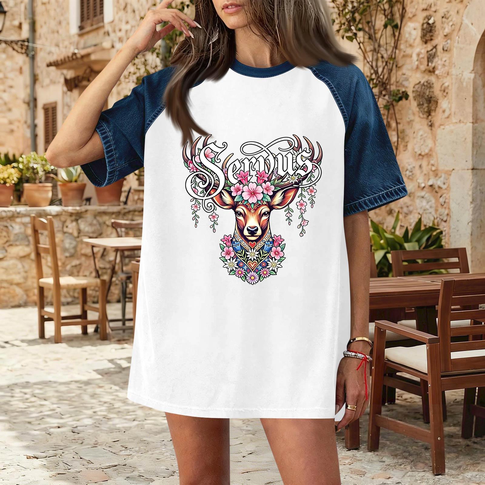 

Casual Women Denim Patchwork Oktoberfest Graphic T Shirt Short Sleeve Comfortable Loose Fit Tee Top for Daily Wear XXXL
