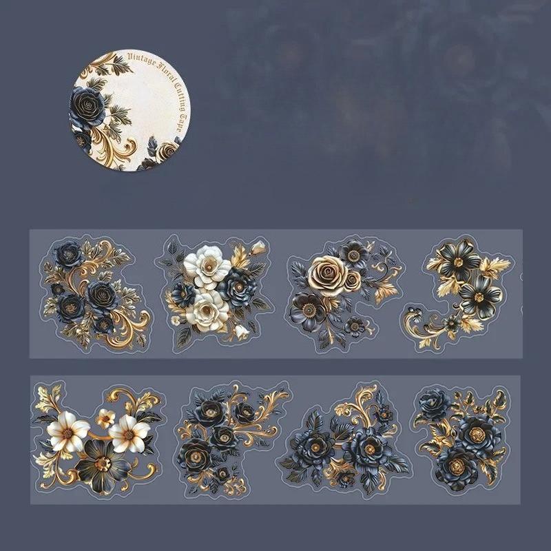 1Roll PET Tape Baroque Floral Material Loop Stickers Office School Supplies Retro Adhesives Handbook Scrapbook Cut