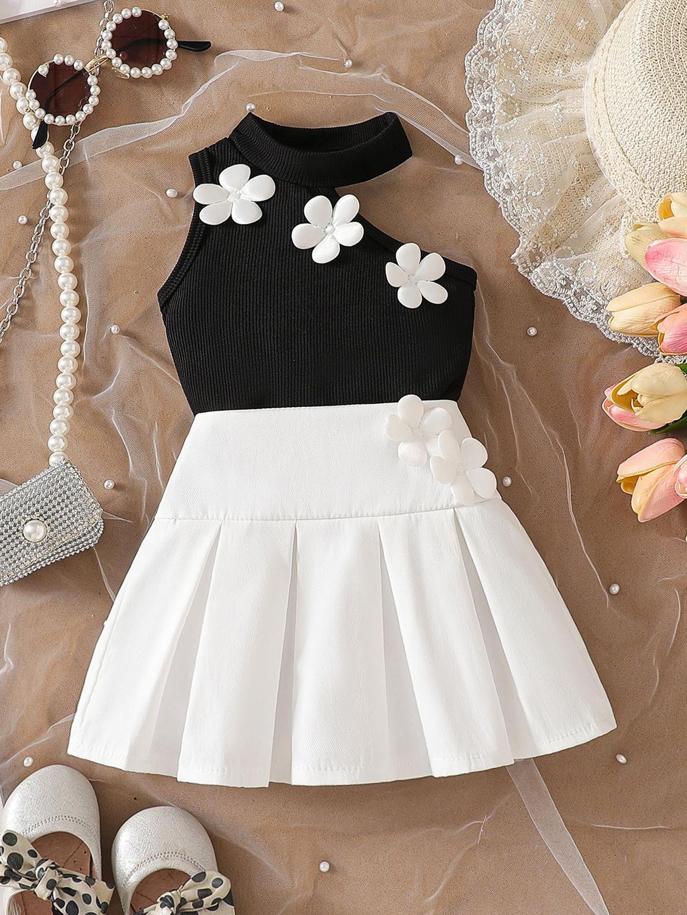 

Girls Halter Flower Top + Pleated Skirt 3-6M против вспышки белого