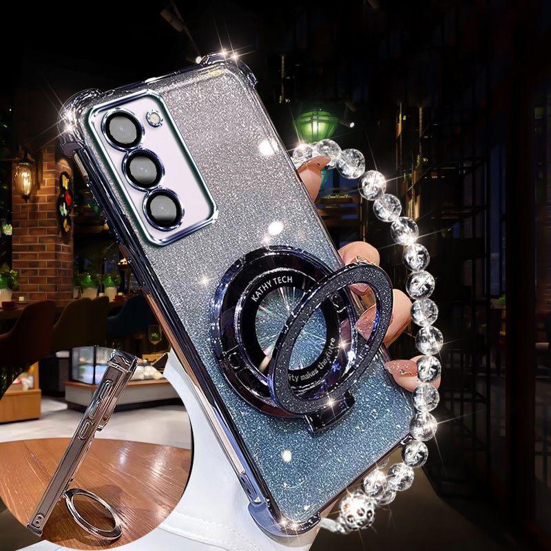 Luxury Lanyard Glitter Magnetic Holder Case For Samsung Galaxy S25 S24FE S23 Ultra S22 S21 S20 Plus Note 20 Ultra Silicone Cover