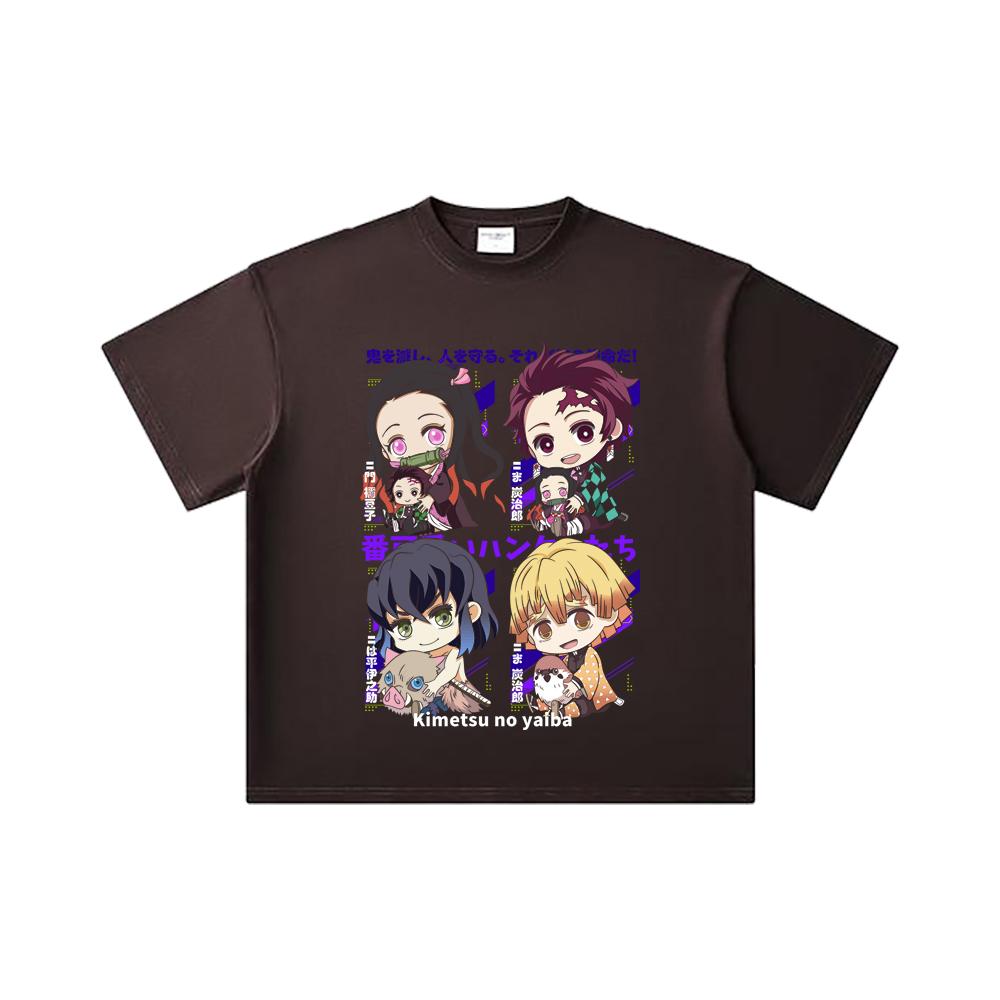Camiseta Unissex de Algodão Pesado 260 GSM Fio Duplo 32 Contagem 100% Algodão Demon Slayer V80 Hashiras Estampa Chibi