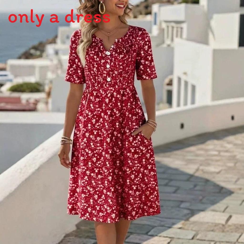 Abito Floreale Estivo con Scollo a V e Tasche per Viaggi Casual e Relax in Spiaggia