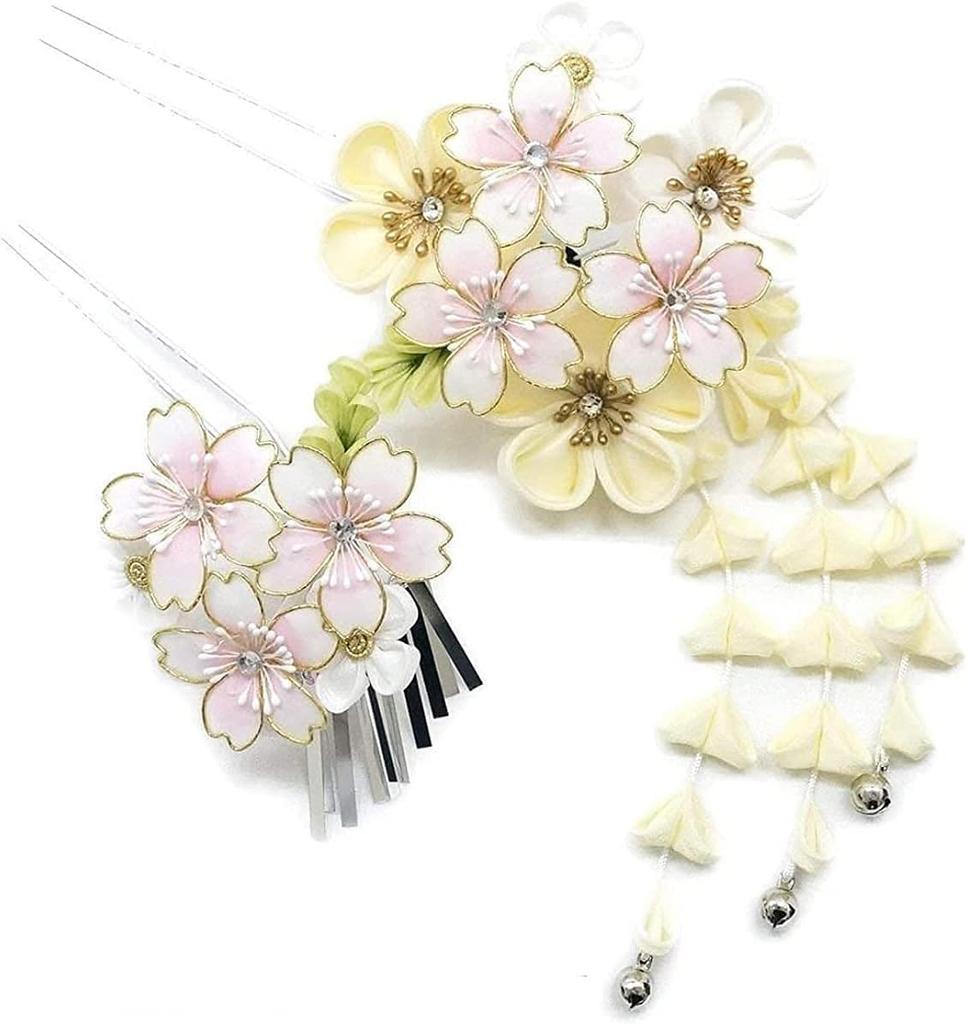 hair ornament set for furisode graduation and Japanese fabric flower Silver Cream Two-piece kimono, coming-of-age ceremony, ceremony, Shichi-Go-San