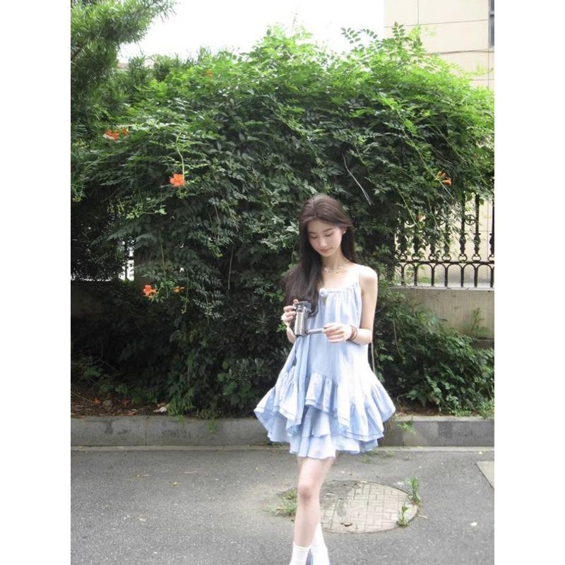Kumikumi Seaside Holiday Style Blue Irregular Vest Sling Women Summer Cake Skirt Skirt Two-piece Set