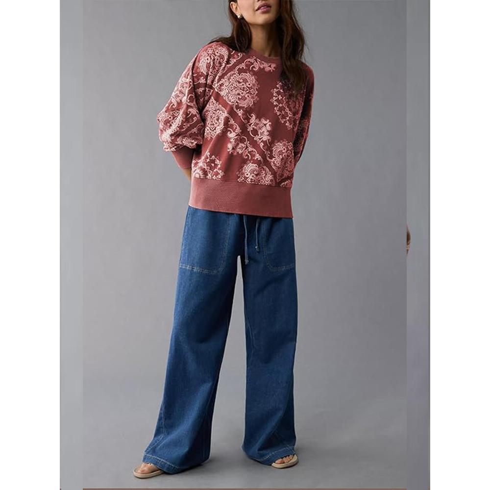 Women's Retro Pattern Crewneck Sweatshirt Bohemian Print Long Sleeve Casual Pullover