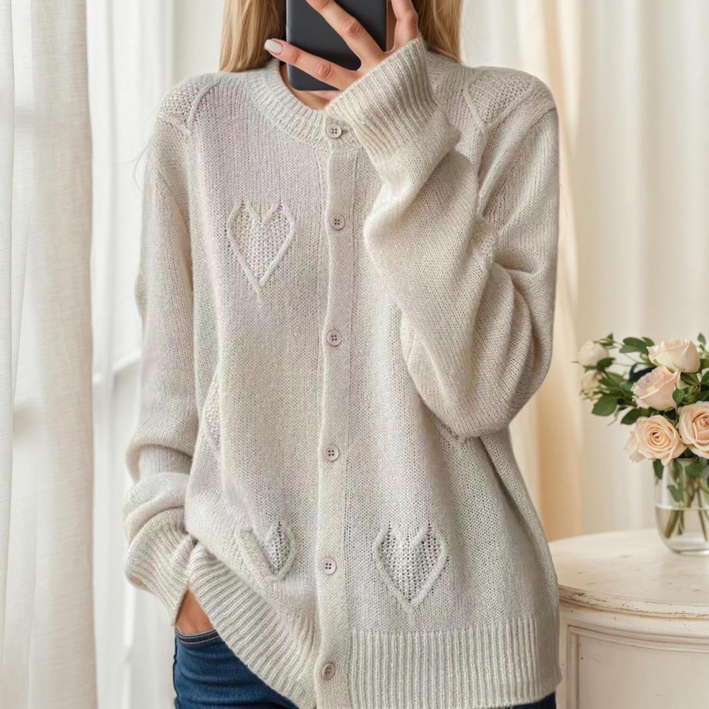 2025 Herbst/Winter Damen Herz Jacquard Lochstrick Cardigan Pullover Mantel