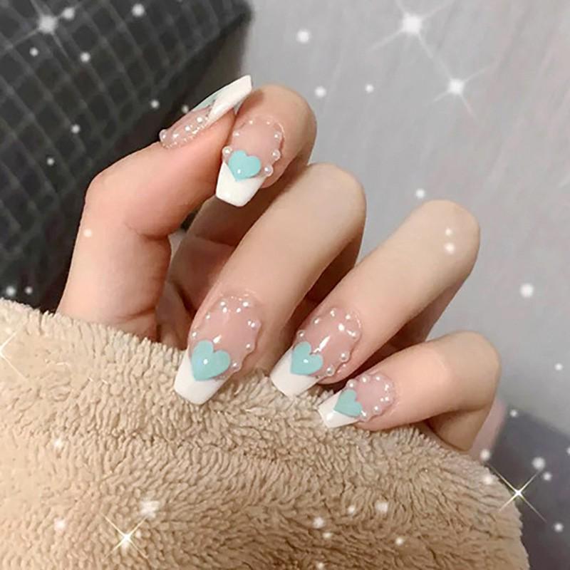 Fresh Simple Style Pearl Heart French Student Removable Nail Art Tips
