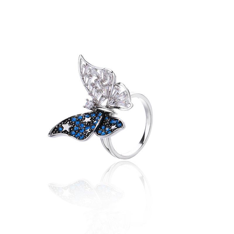 Spring Trend Rhinestone Butterfly Open Ring - Exaggerated European/American Style, Super Shiny, Trendy Forest Look