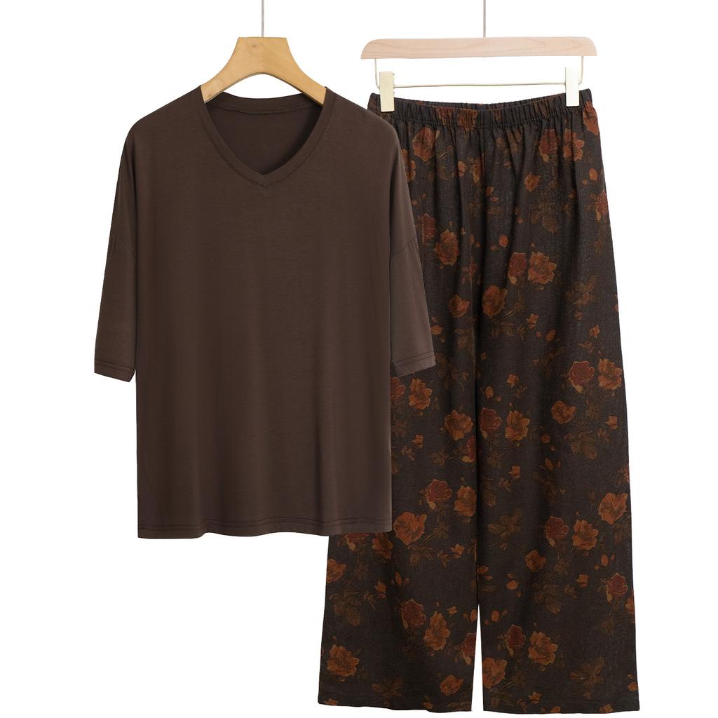 Pajamas Women's Spring and Summer New V-neck Short-sleeved Cotton and Linen Pants European and American Large-size Loungewear Two-piece Set