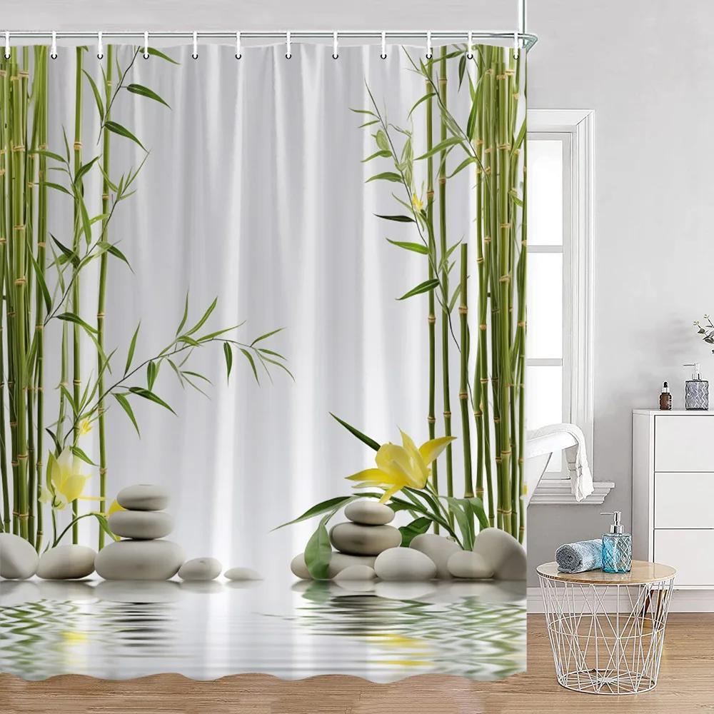 Zen Shower Curtains Black Stone Green Bamboo Lotus Spa Candle Purple Orchid Natural Leaf Bathroom Curtain Meditation Bath Decor