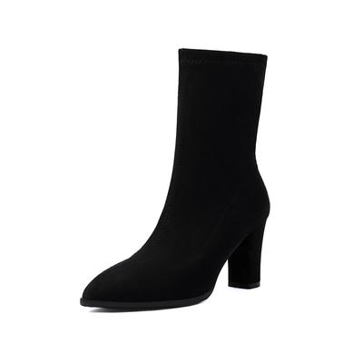 Flock Herbst Winter Schuhe Dicke High Heels Super Größe Schönheit Stiefel Spitze Zehe Halten Warme Reißverschluss Stiefeletten
