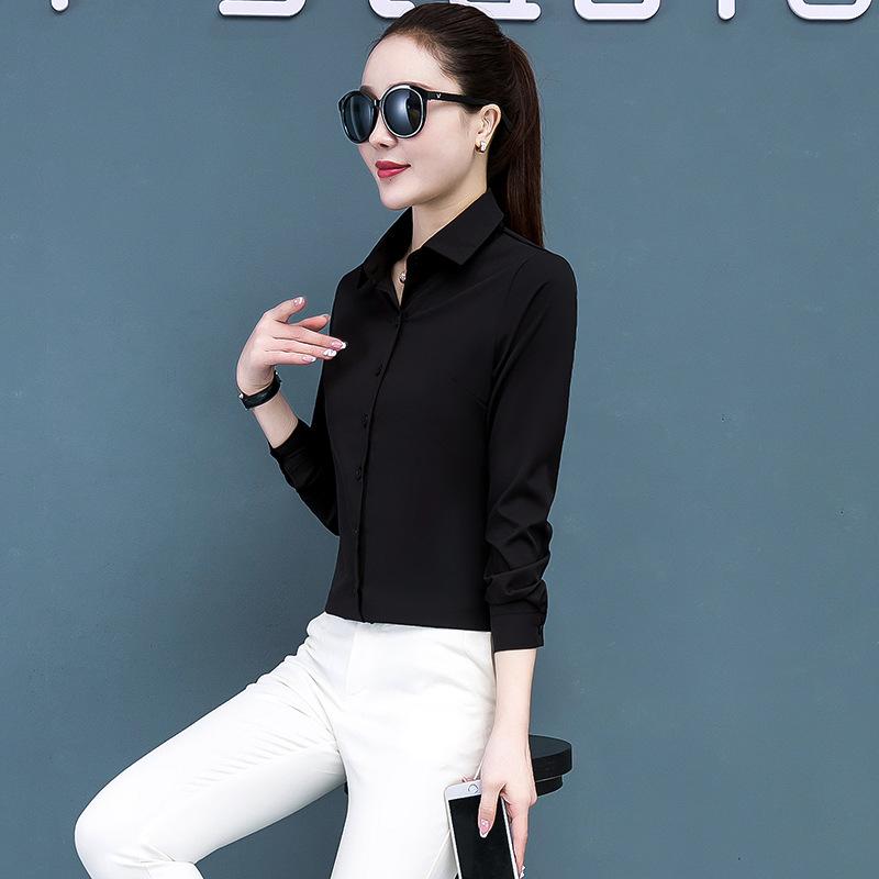 Women's Spring Autumn Korean Black Red Tops Ladies Long Sleeve Office Lapel Collar Chiffon Shirt