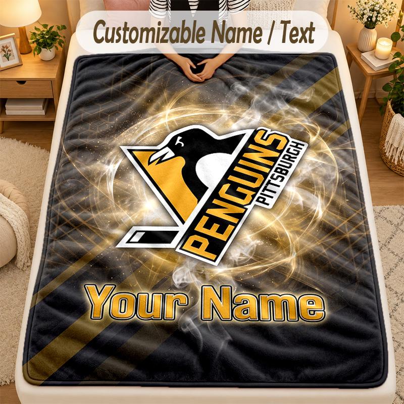 Flannel BlanketPittsburgh Penguins Custom Name Text Personalized Soft Warm Throw Blanket Home Decor Gift