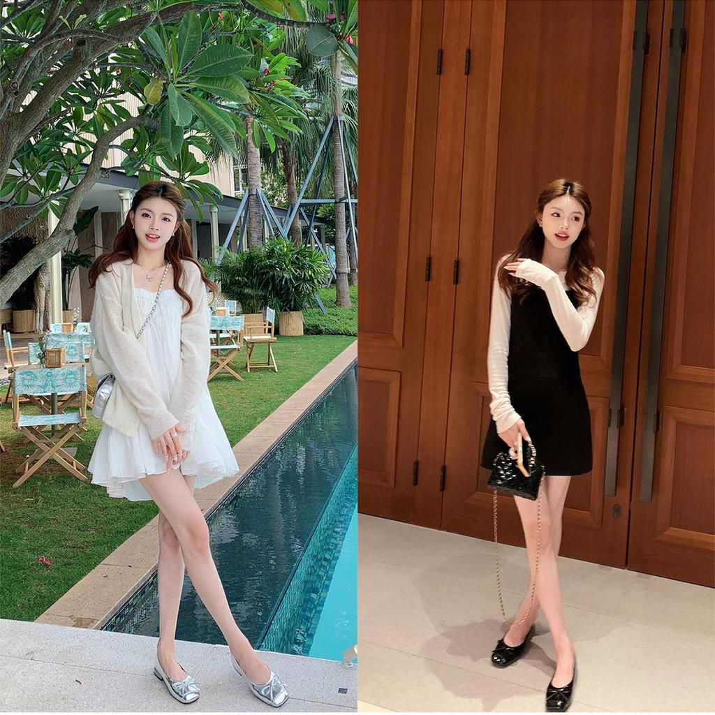 ~ Sweet Temperament Versatile Bow Square Head Small Thick Heel Light Mouth Ballet Style Single Shoes Women