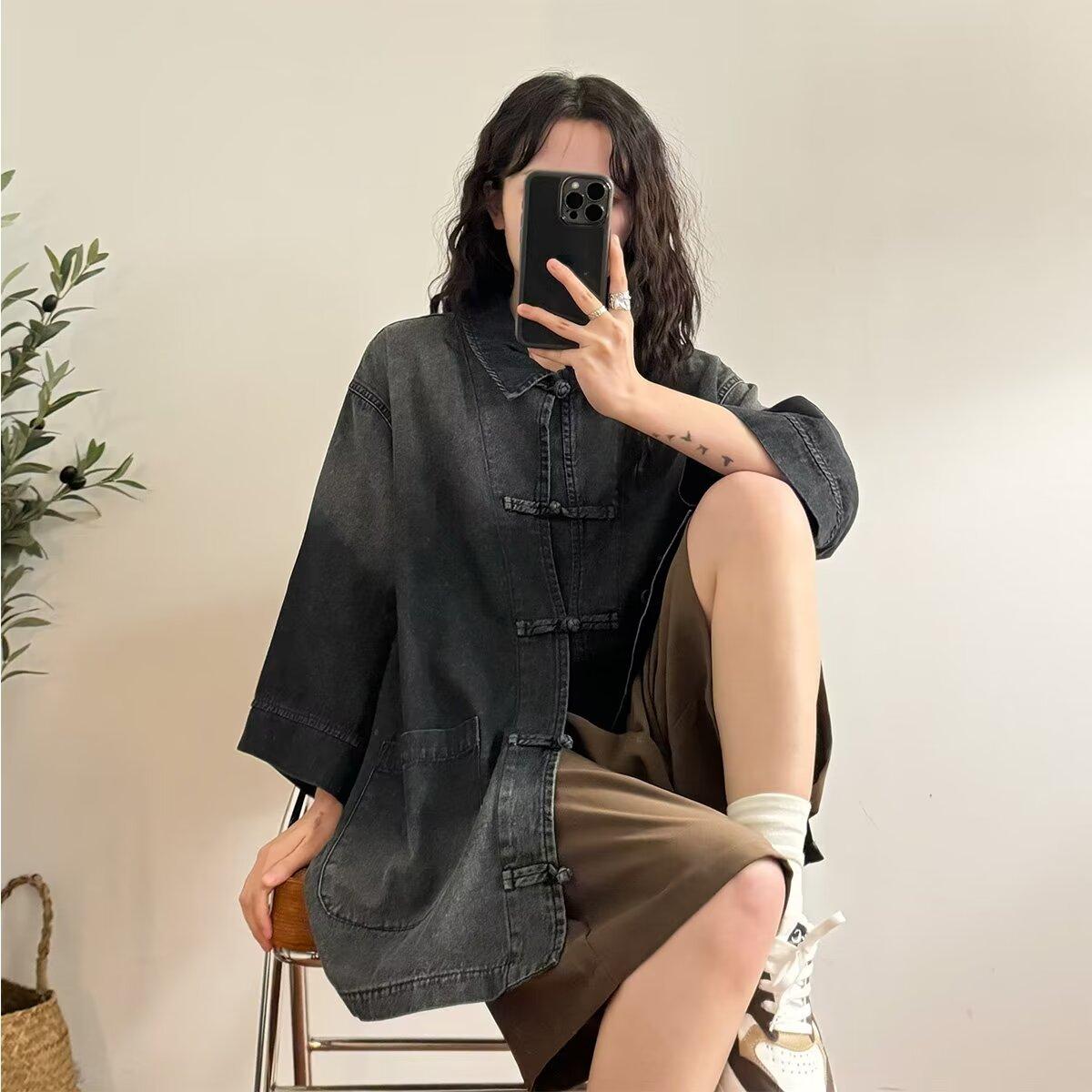 

Летняя новая джинсовая куртка в китайском стиле в винтажном стиле для мужчин и женщин, свободный джинсовый топ с ретро-пуговицей 2XL