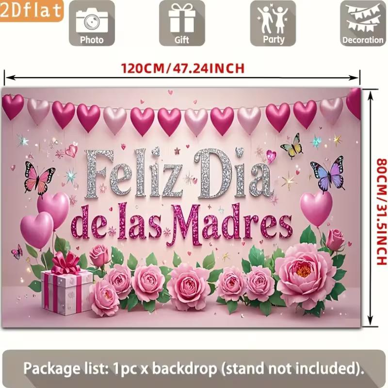 2D Feliz Dia De Las Madres Backdrop, Pink Floral Party Photography Background