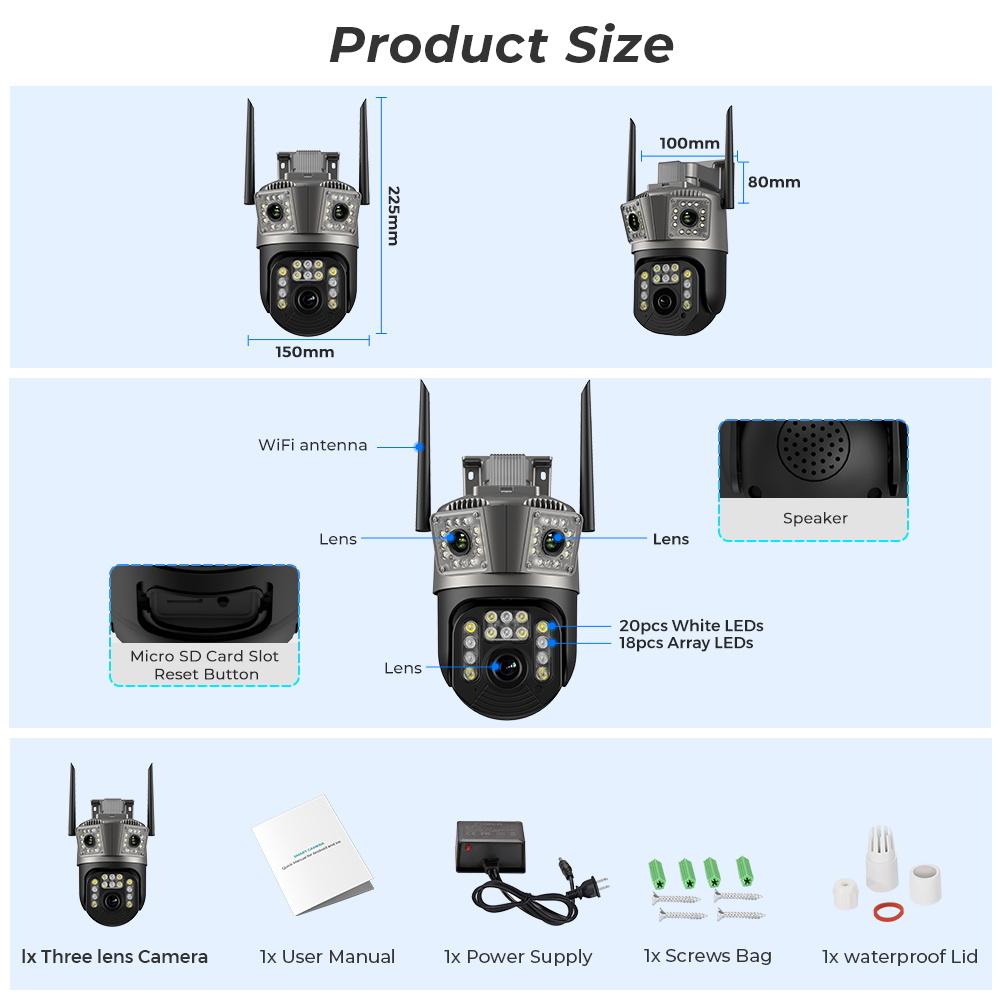 6K 12MP WLAN-Kamera PTZ Drei Bildschirme Außen Auto-Tracking Nachtsicht Sicherheitsschutz CCTV Überwachungskamera IP iCSee
