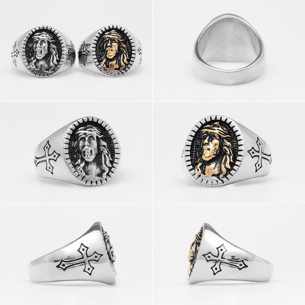 Gud Jesus Religion Kors Rostfritt Stål Herrringar Trendig Punk Amulett för Manlig Pojkvän Smycken Kreativitet Gåva