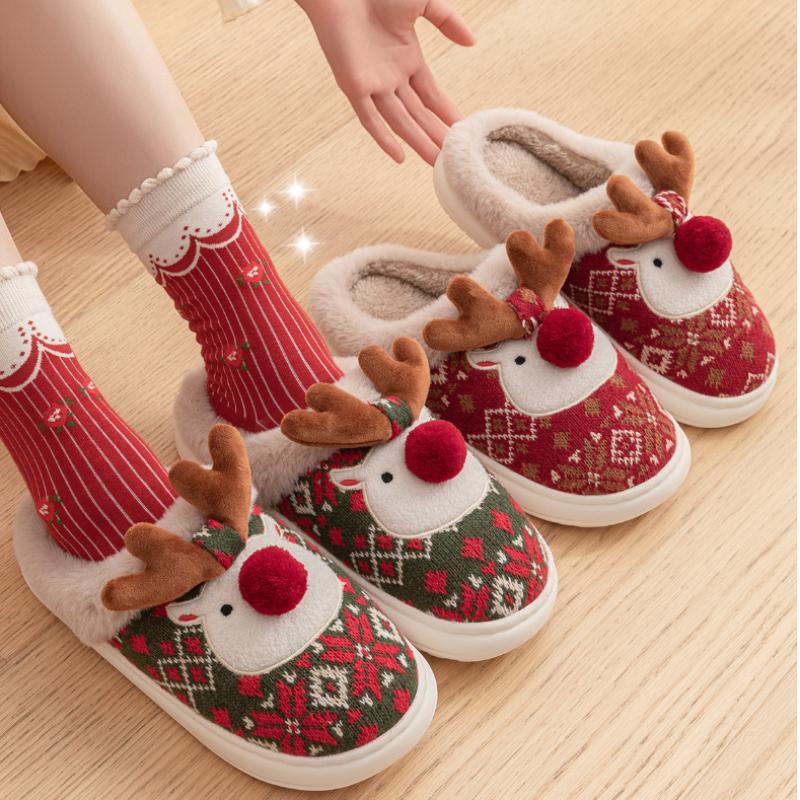 Christmas Cotton Slippers for Ladies In Winter, Cute Indoor Home, Deer Anti Slip Plush, Wearing Cotton Slippers Outside