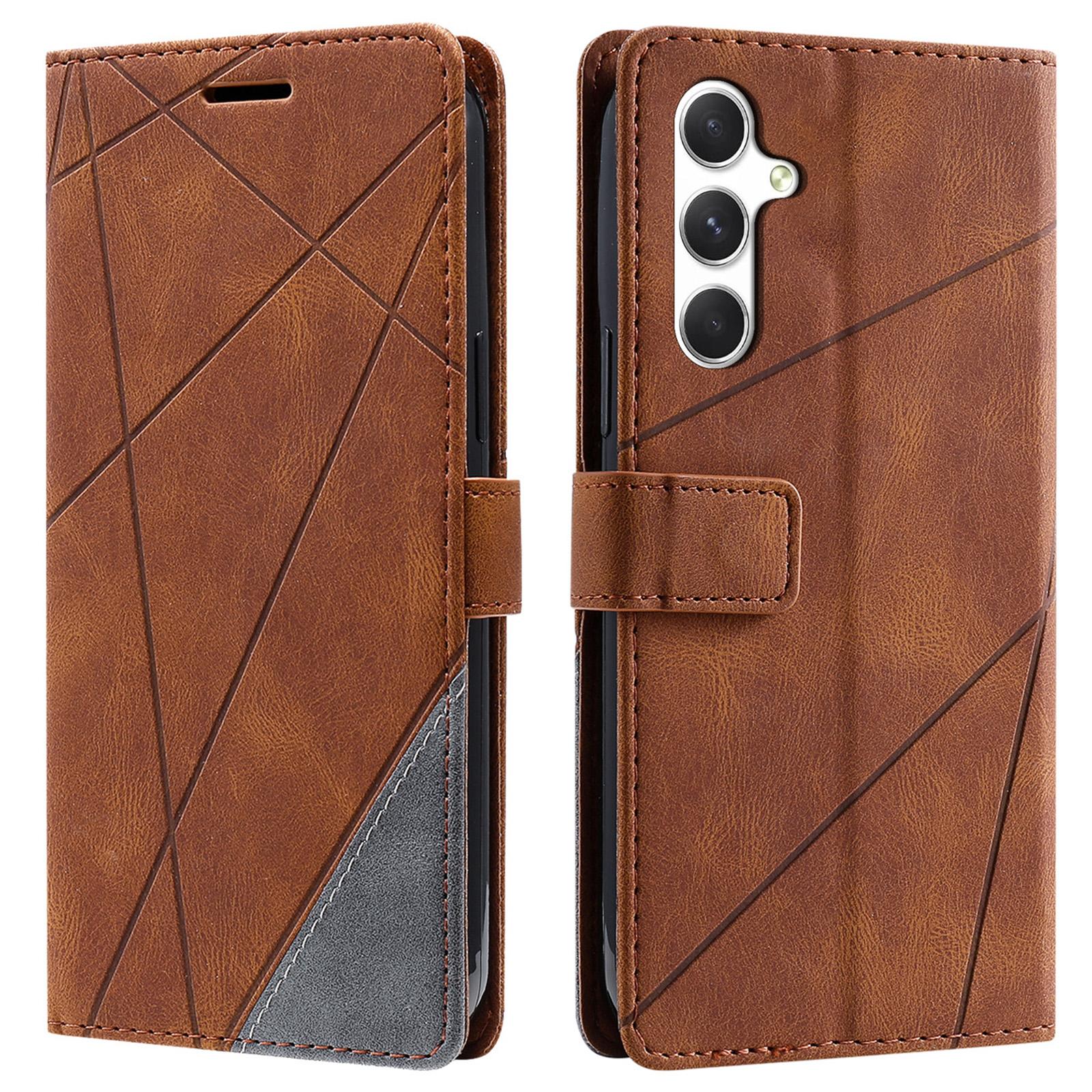 

For Samsung Galaxy A56 5G Case Imprinted Lines PU Leather Splicing Wallet Phone Cover Brown