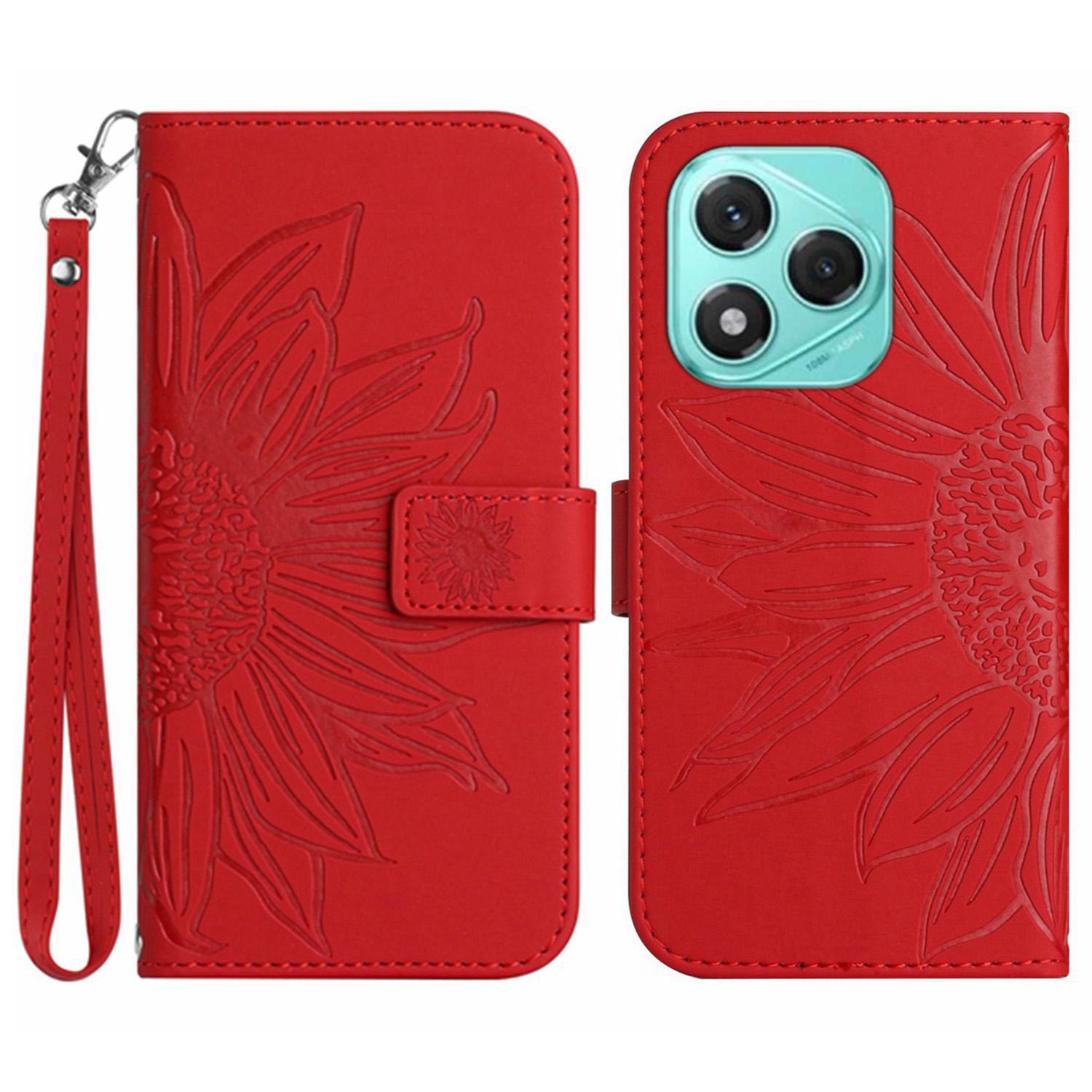 

For Honor 400 Lite Case Sunflower Imprint Leather Wallet Phone Cover with Wrist Strap Red
