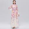 Spring/Summer Romantic Floral Print Stand-Up Collar Bell-Sleeve Slimming Party Dress for Women Elegant Single-breasted Maxi Dress with Belt