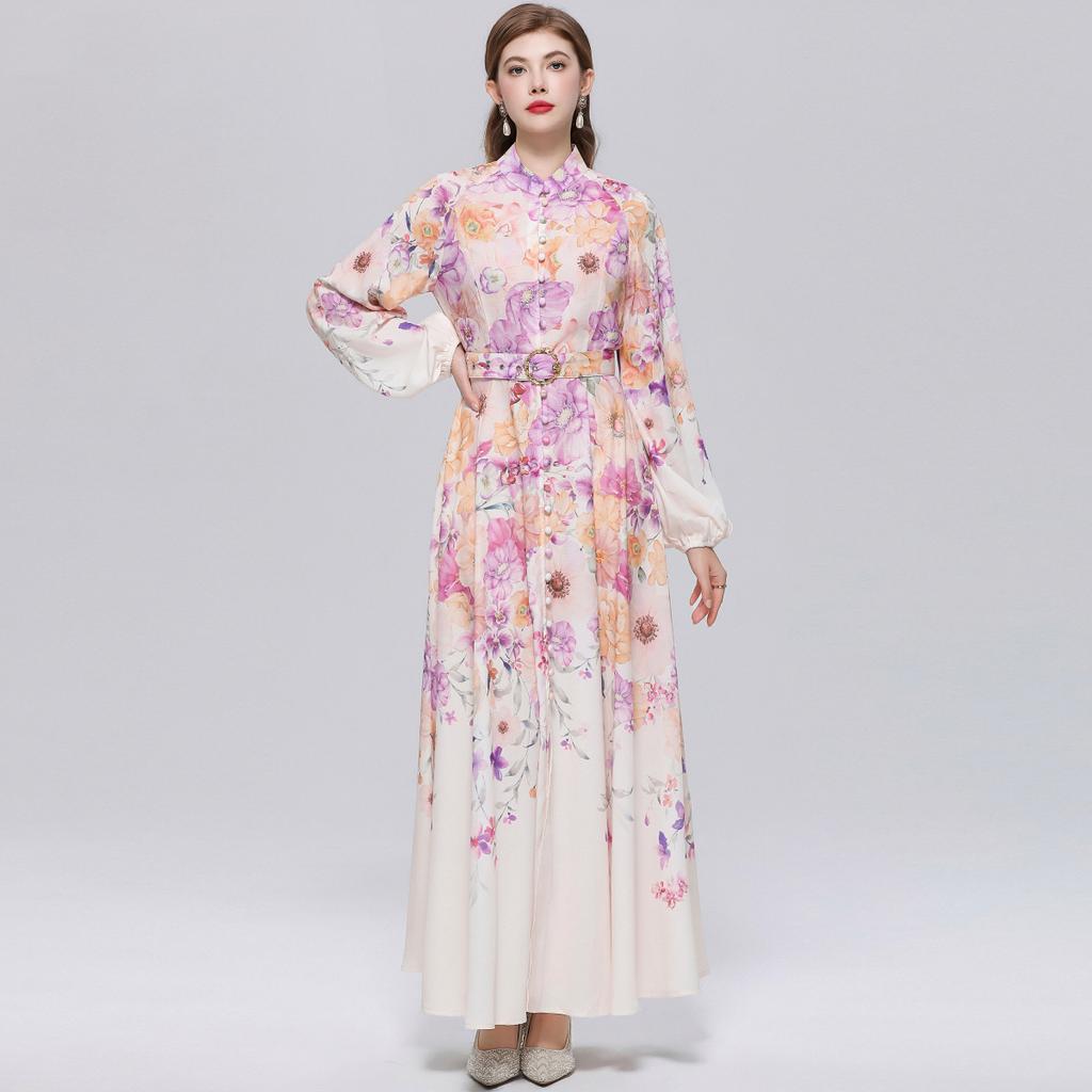Spring/Summer Romantic Floral Print Stand-Up Collar Bell-Sleeve Slimming Party Dress for Women Elegant Single-breasted Maxi Dress with Belt