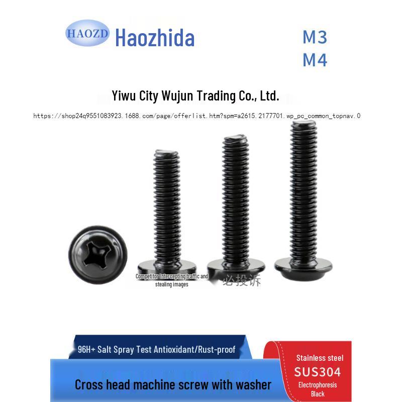 304 Stainless Steel Electrophoretic Black M3-M4 Phillips Pan Head Screw with Washer & Spacer M3*3 (20 pcs)