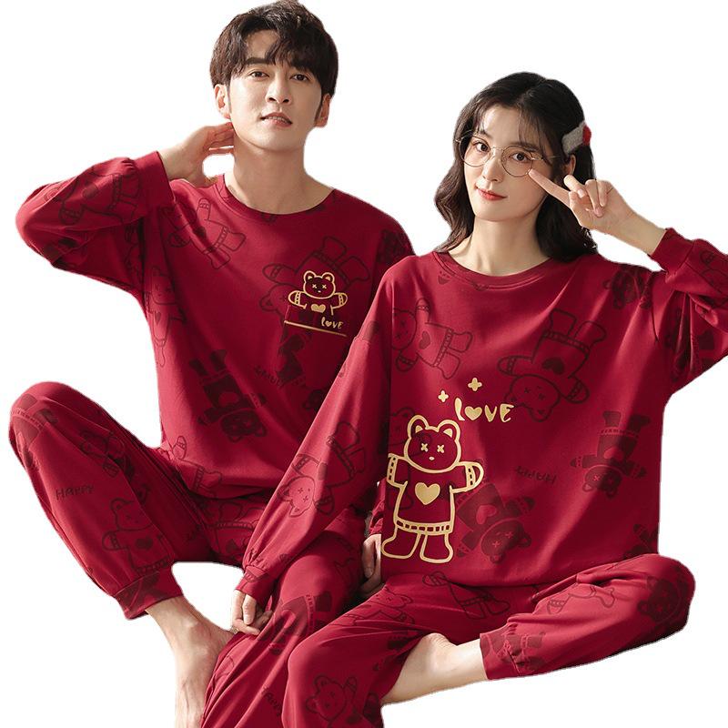 Newlywed Red Long Sleeve Cotton Couple Pajamas - Spring/Autumn Style
