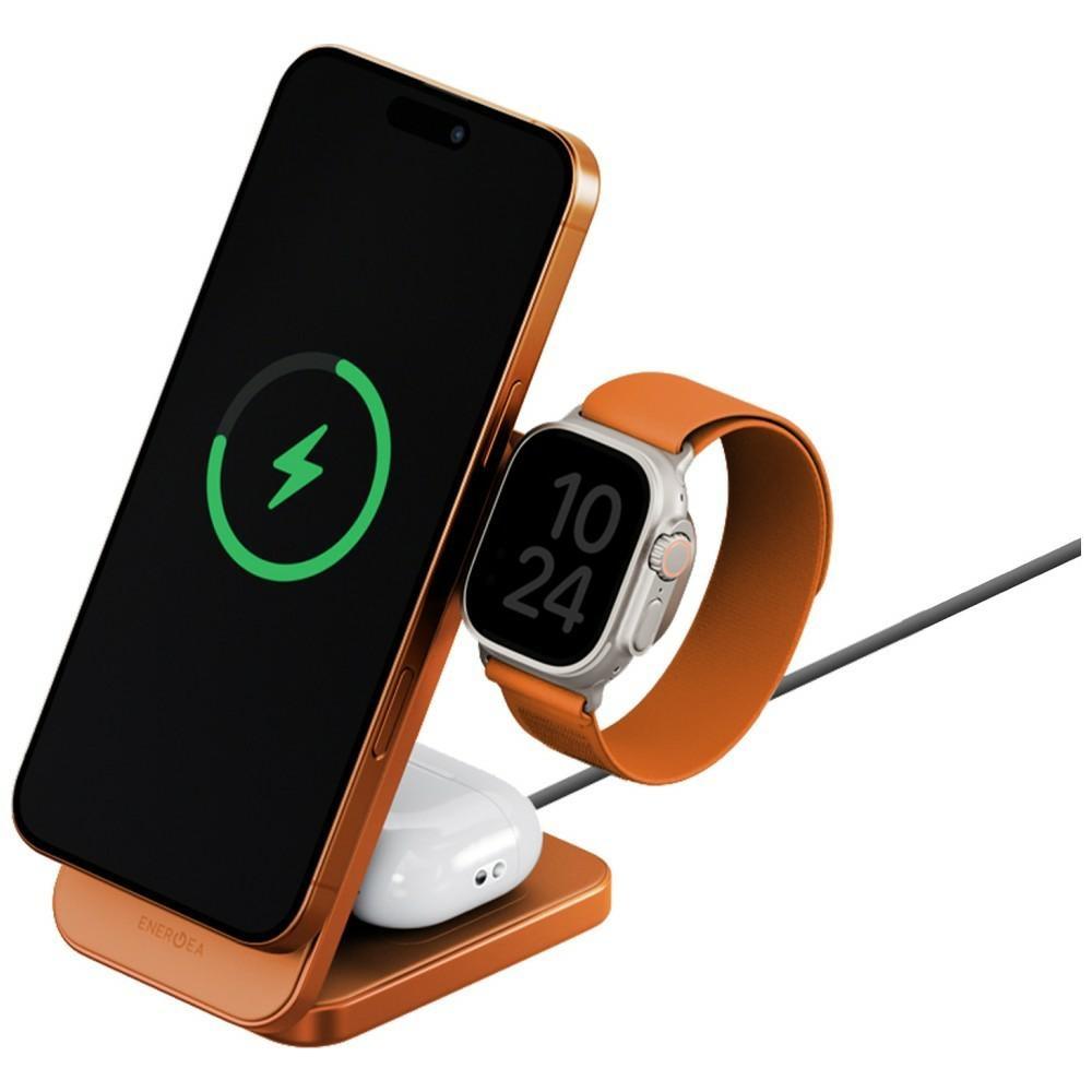 Energea MagTrio 2 3-in-1 Qi2 25W faltbares induktives Ladegerät orange