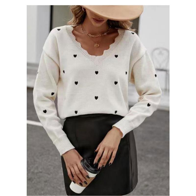 Women S Loose Fit V Neck Heart Jacquard Pullover Knit Sweater