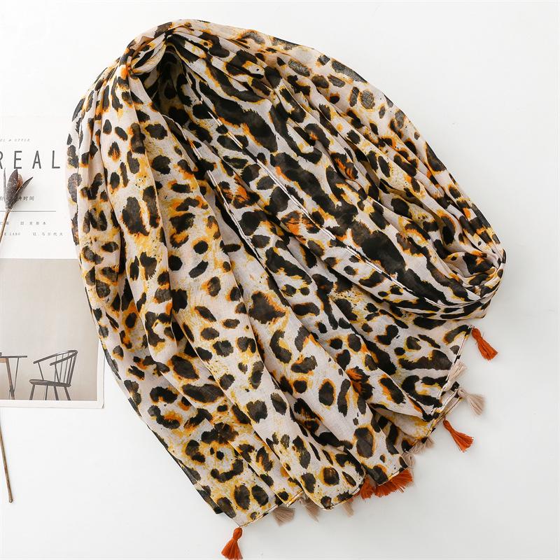 European and American Cotton-Linen Feel Gold Leopard Silk Scarf, Sun Protection Shawl for Women