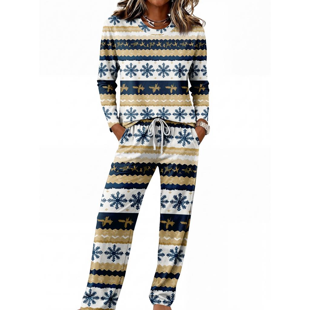 Pajama Set with Round Neck Long Sleeve Top and Wide Leg Pants for Casual Home Wear