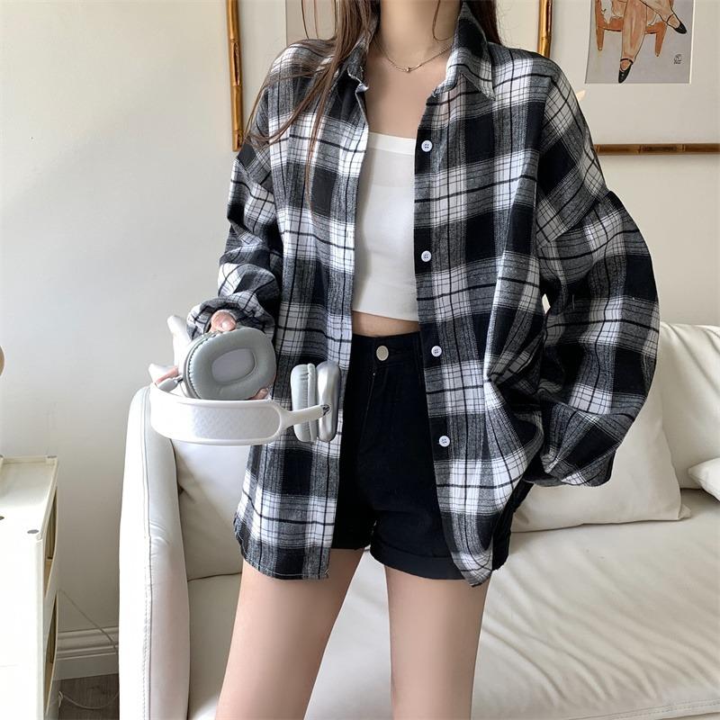 Camicie a quadri larghe semplici vintage primaverili da donna, moda a maniche lunghe, taglie forti, casual, camicette da donna, monopetto, slim, da ufficio, da donna, 26107