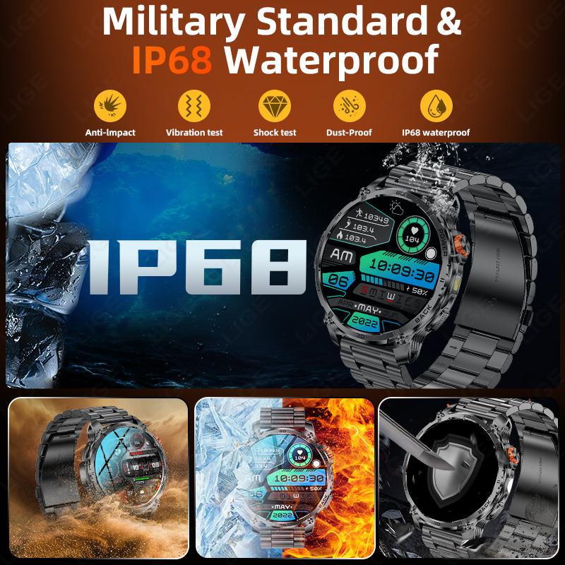 New Men Military Outdoor 1000mAh Battery Smart Watch Flashlight IP68 Waterproof 1.7-Inch HD Bluetooth Call Smartwatch