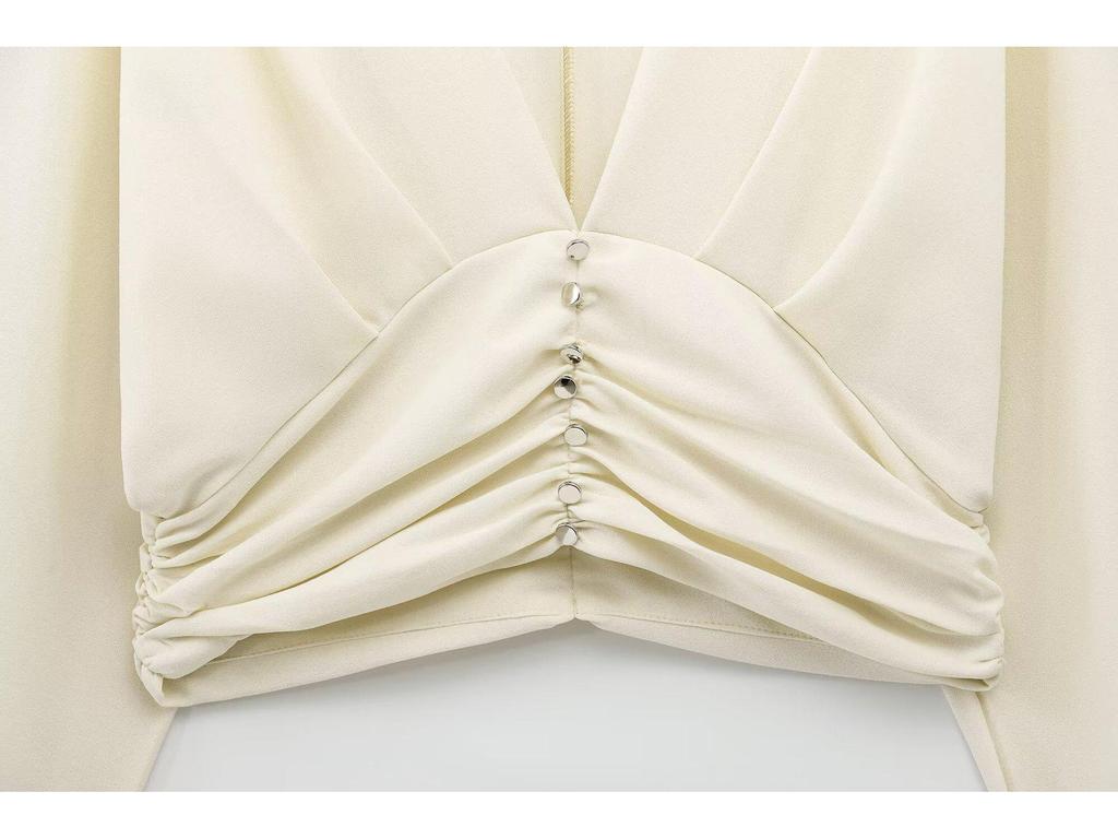 2025 Spring Women's European & American Style Pleated V-Neck Top