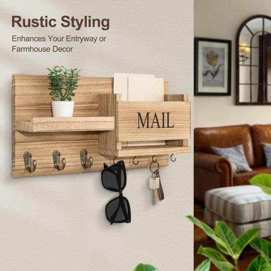 4-in-1 Eingangsbereich Wandregal Briefhalter Haken Rustikal Holz mit Schlüssel Wandmontiert Eingangsbereich Organizer