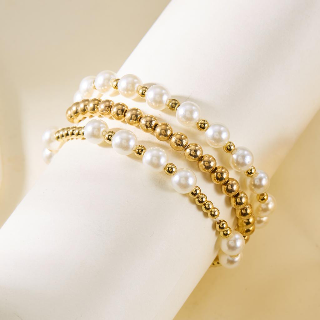 Vintage Handmade Gold Bead And Imitation Pearl Elastic Bracelet Set For Women Boho Party Fashion Jewelry