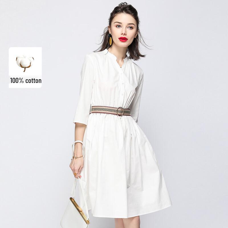Bailuyu Women s V-Neck A-Line Cotton Midi Dress with Belt XL белый