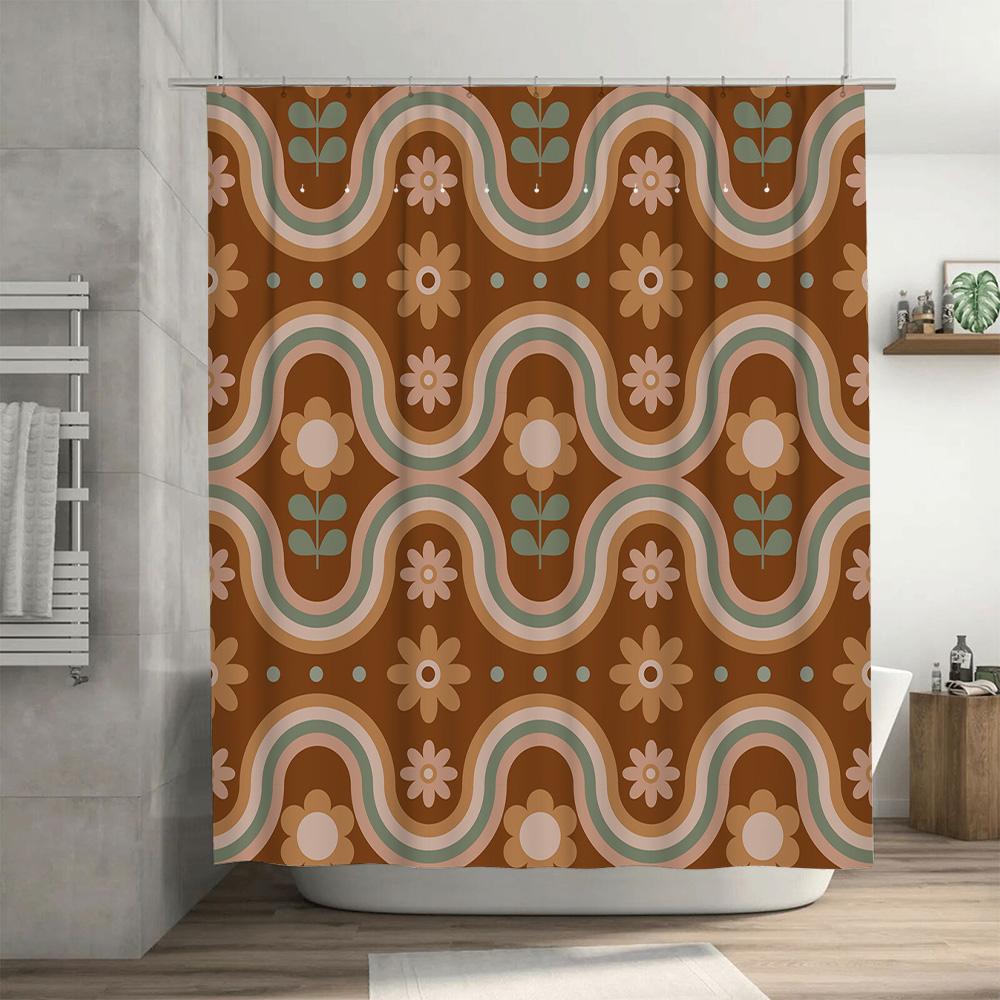 Unique Retro Floral Shower Curtain with Wavy Patterns Perfect for Bathroom Decor!
