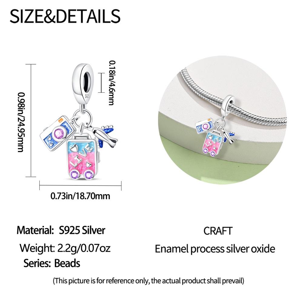 Original Copper Charm Luxury Pink Travel Suitcase Airplane Pendant Bead Fit Bracelet Diy Women Making Delicate Gift